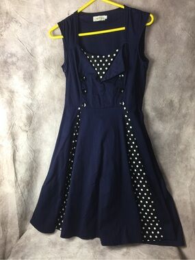 Sleeveless Navy Polka-Panel Fit & Flare Midi Dress Killreal Large Rockabilly Dre